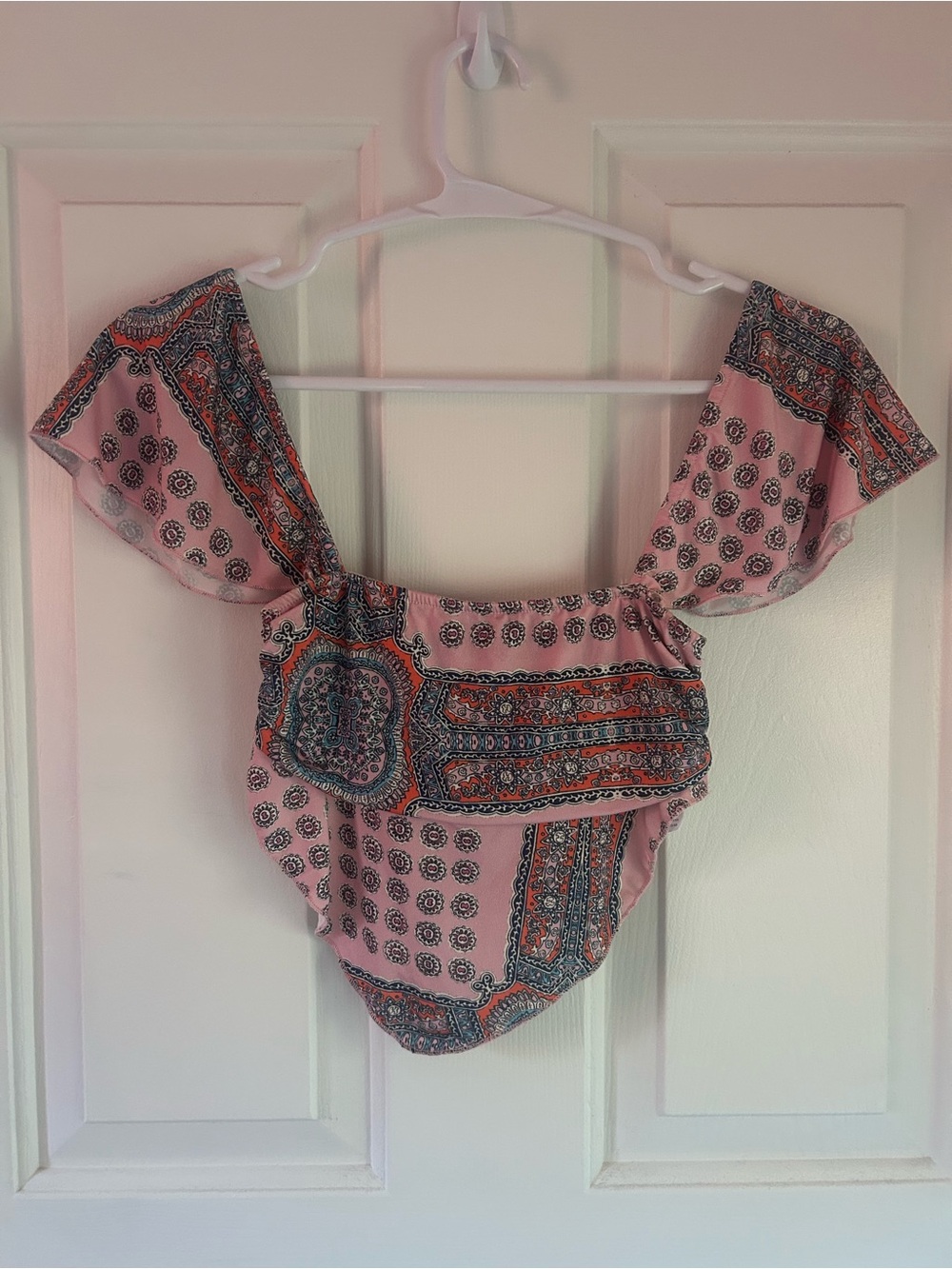 Urban Outfitters Pink Paisley Off-Shoulder Crop Top